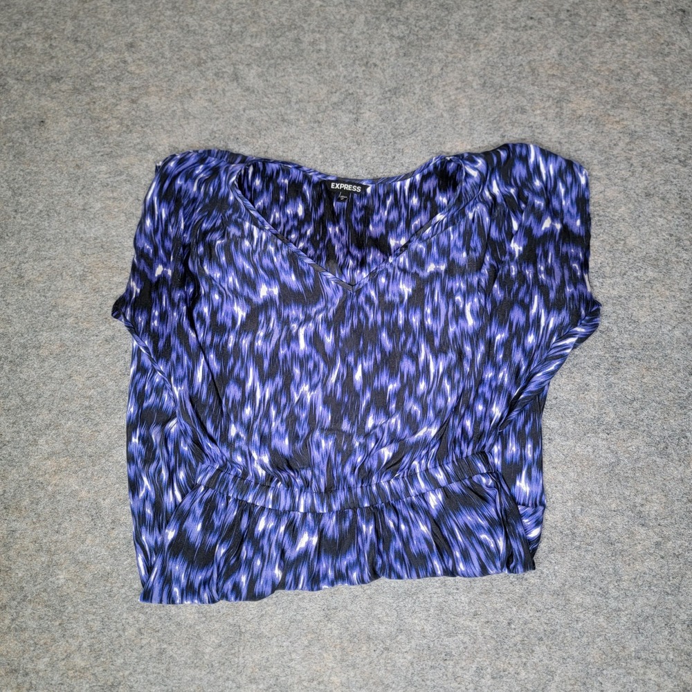 Express Blue Black White Abstract Print V-Neck Cinched Waist Dress M‎